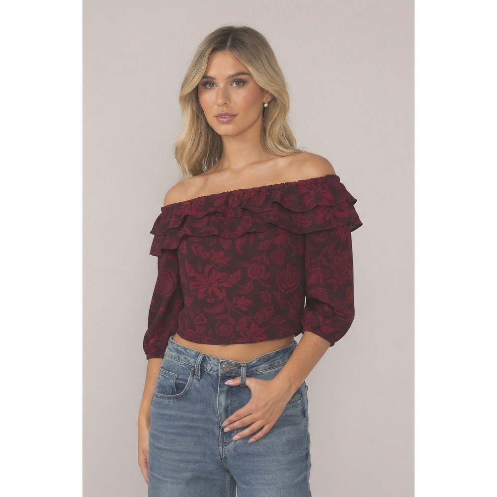 Vince Camuto Women's Off The Shoulder Ruffle Blouse Sz L Red Black Floral Large